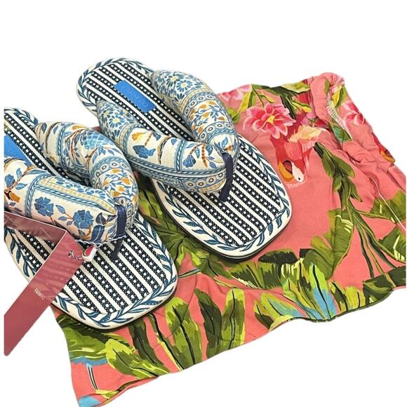 Farm Rio Navy Puffy Blue Palm Tree Printed Flip Flop Sandals Size 9 NWT - Picture 2 of 9